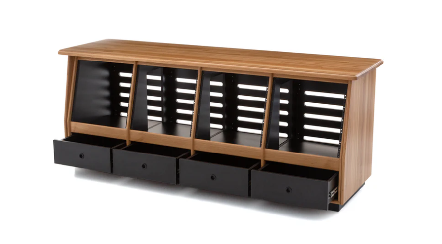 Wooden storage bench with black slatted back and drawers on a white background